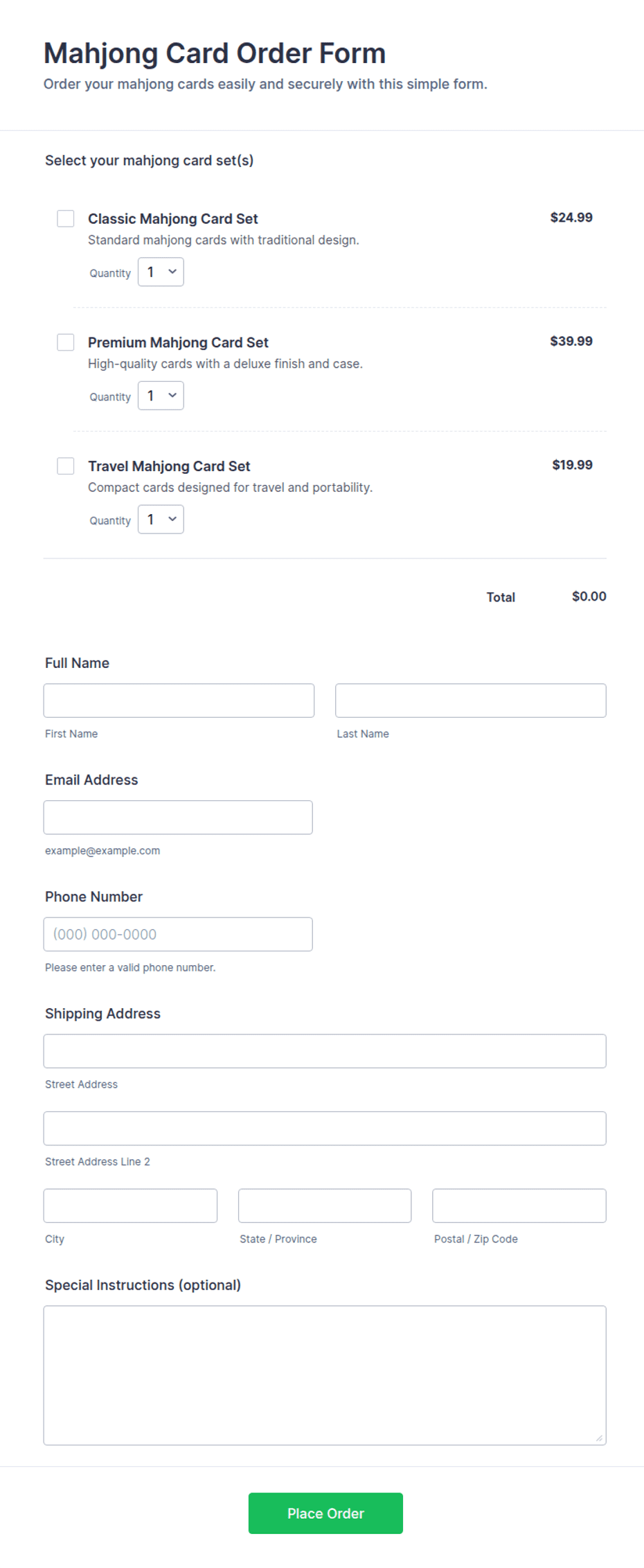 Mahjong Card Order Form Template | Jotform