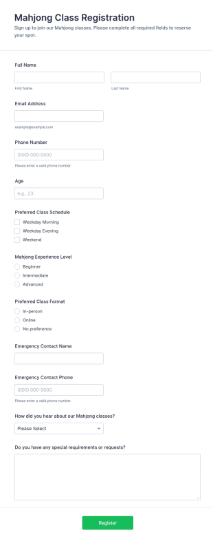 Mahjong Class Registration Form Template