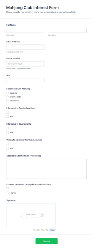 Mahjong Club Interest Form Template