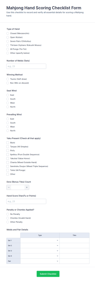 Mahjong Hand Scoring Checklist Form Template
