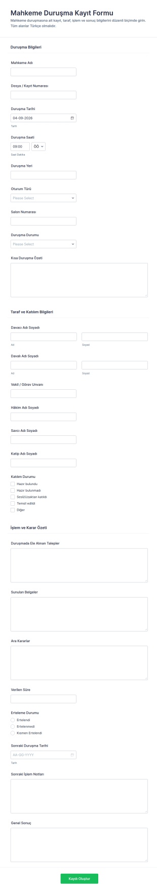 Mahkeme Tutanağı Form Şablonu