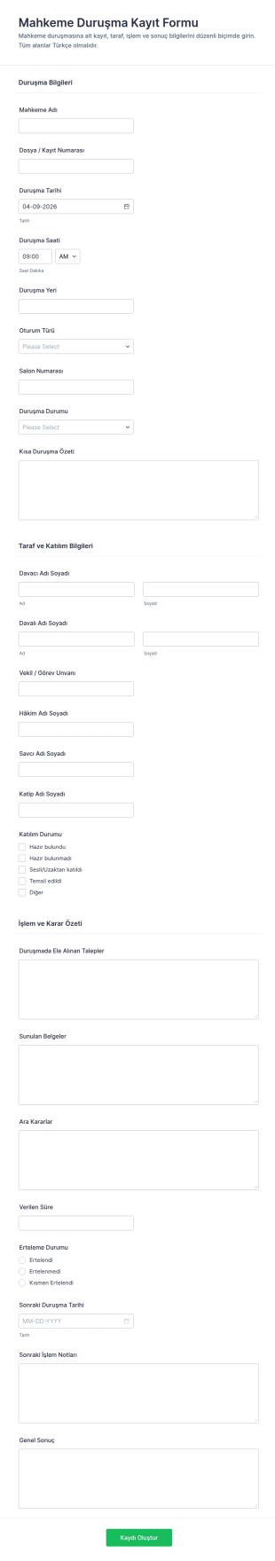 Mahkeme Tutanağı Form Şablonu