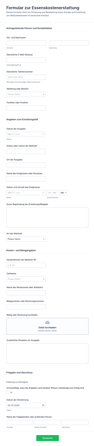 Mahlzeiten Erstattungsformular