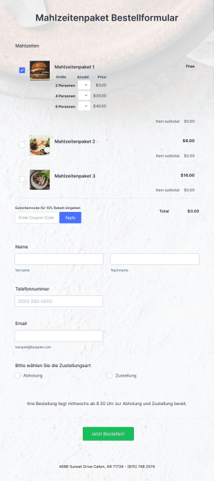 Mahlzeitenpaket Bestellformular Form Template