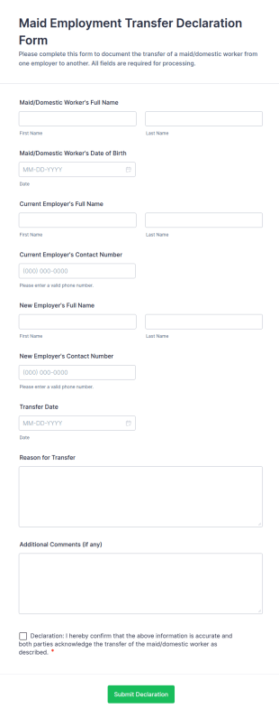 Maid Employment Transfer Declaration Form Template