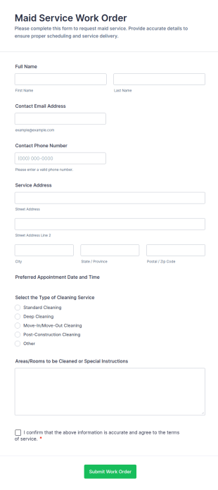 Maid Service Work Order Form Template