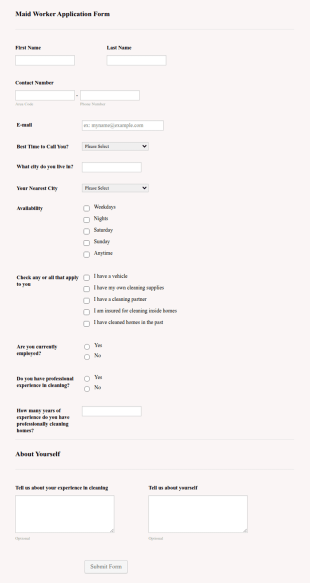 Maid Worker Application Form Template