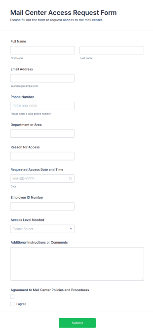 Mail Center Access Request Form Template