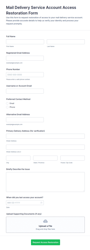 Mail Delivery Service Account Access Restoration Form Template