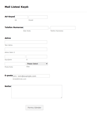 Mail Listesi Kayıt Form Şablonu