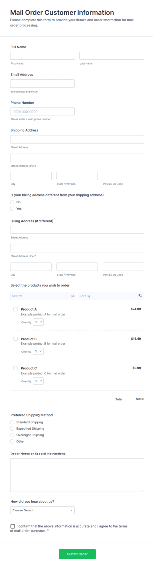 Mail Order Customer Information Form Template