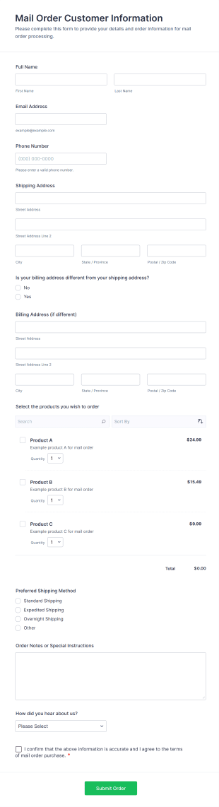 Mail Order Customer Information Form Template