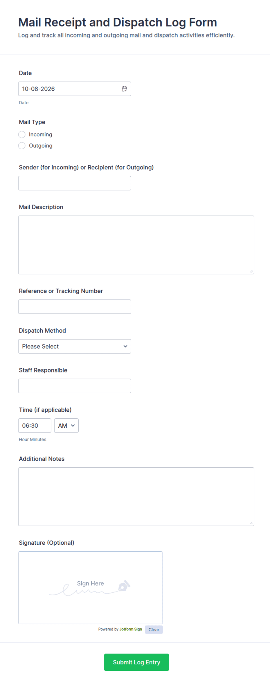 Mail Receipt and Dispatch Log Form Template | Jotform