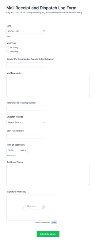 Mail Receipt And Dispatch Log Form Template