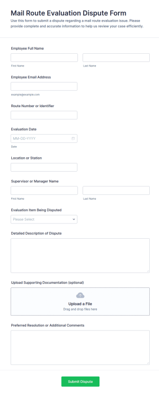 Mail Route Evaluation Dispute Form Template