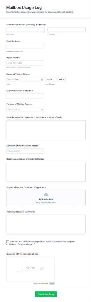 Mailbox Usage Log Form Template