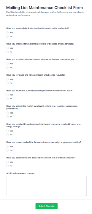 Mailing List Maintenance Checklist Form Template