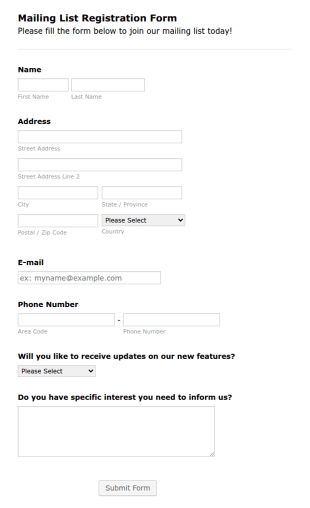 Mailing List Registration Form Template