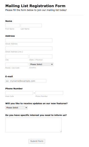 Mailing List Registration Form Template