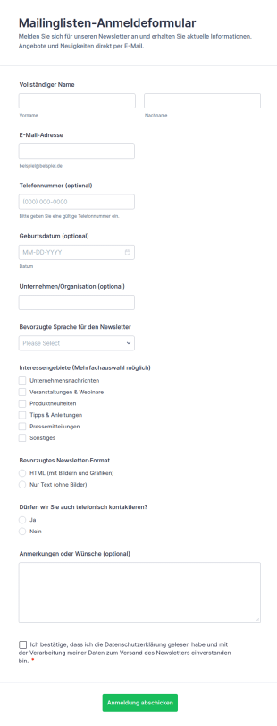 Mailinglisten Anmeldeformular