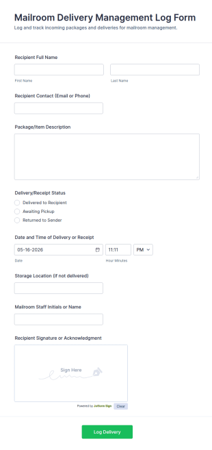 Mailroom Delivery Management Log Form Template