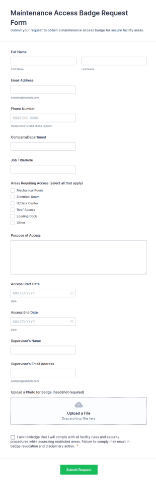 Maintenance Access Badge Request Form Template