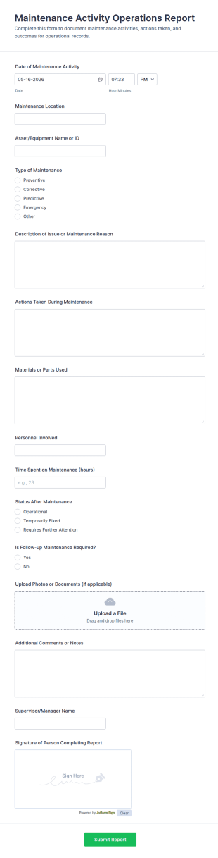 Maintenance Activity Operations Report Form Template