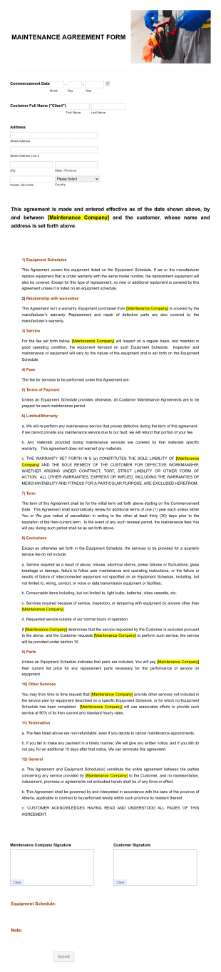 Maintenance Agreement Form Template