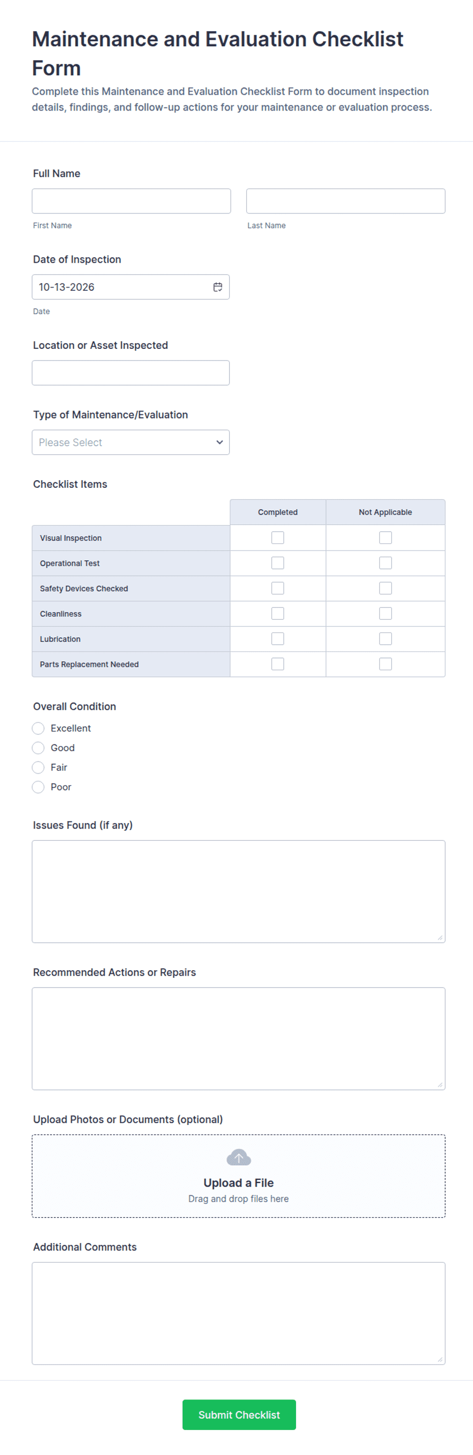 Maintenance and Evaluation Checklist Form Template | Jotform