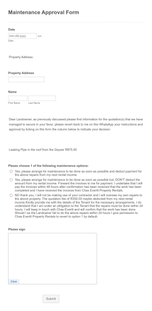 Maintenance Approval Form Template
