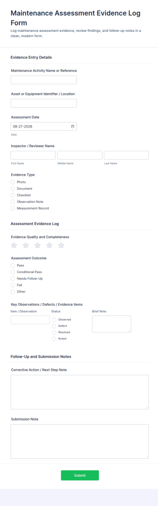 Maintenance Assessment Evidence Log Form Template