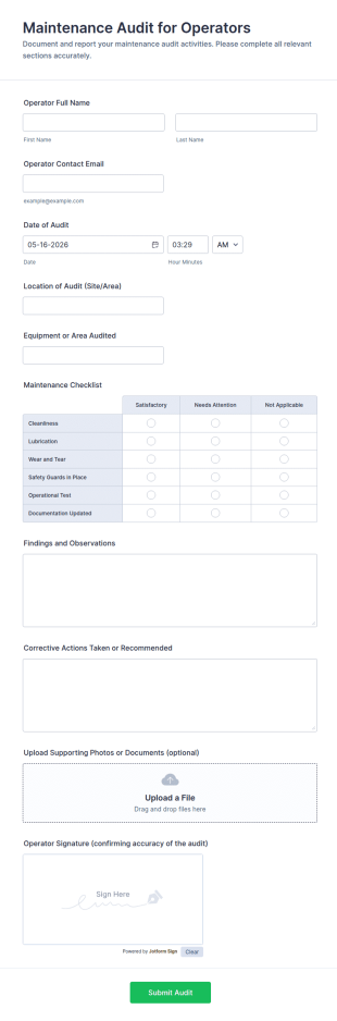 Maintenance Audit For Operators Form Template