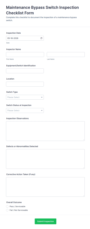 Maintenance Bypass Switch Inspection Checklist Form Template