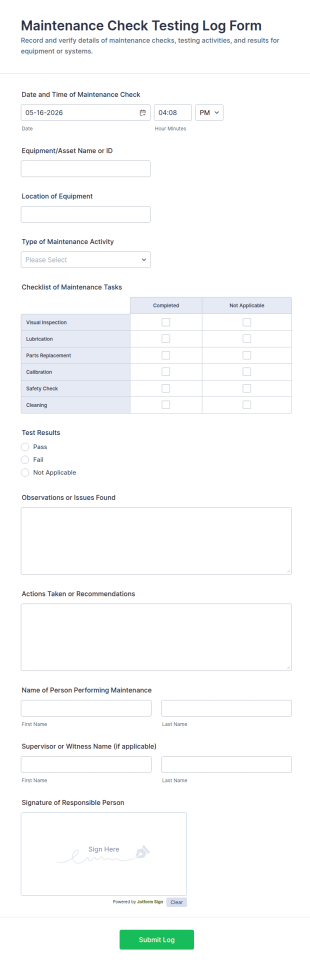 Maintenance Check Testing Log Form Template