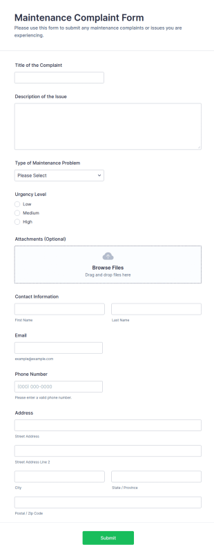 Maintenance Complaint Form Template