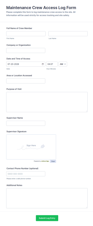 Maintenance Crew Access Log Form Template