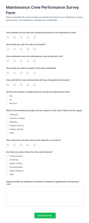 Maintenance Crew Performance Survey Form Template