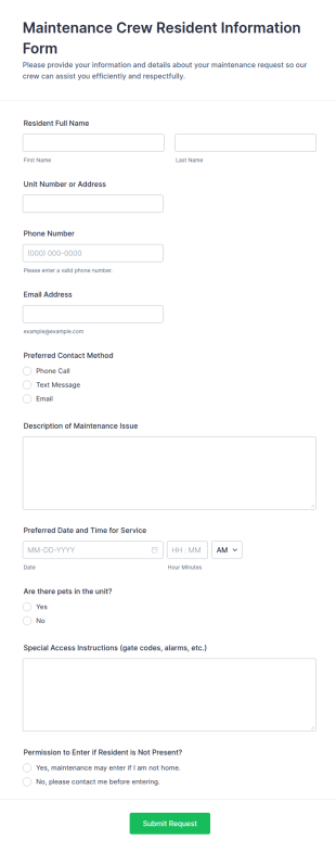 Maintenance Crew Resident Information Form Template