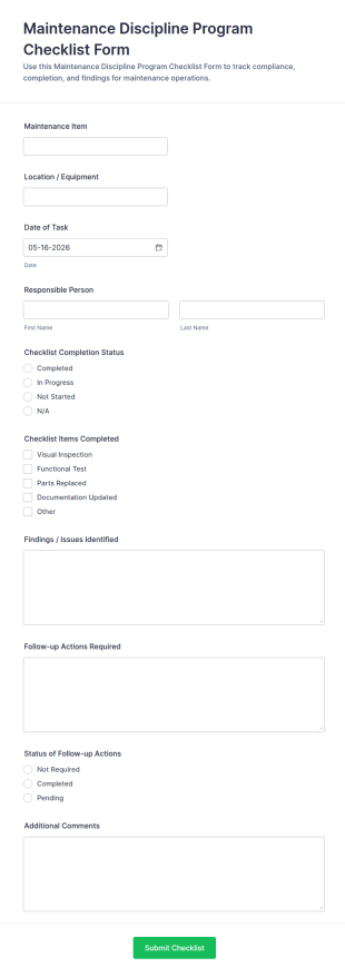 Maintenance Discipline Program Checklist Form Template