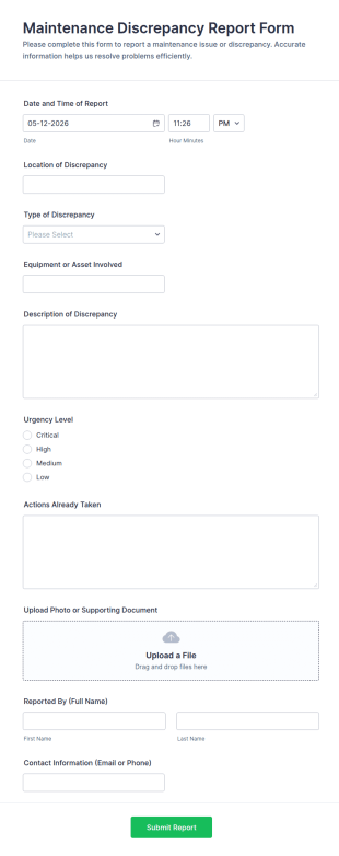 Maintenance Discrepancy Report Form Template