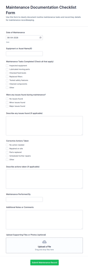 Maintenance Documentation Checklist Form Template