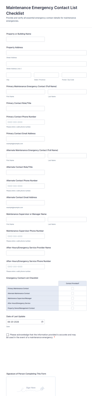 Maintenance Emergency Contact List Checklist Form Template