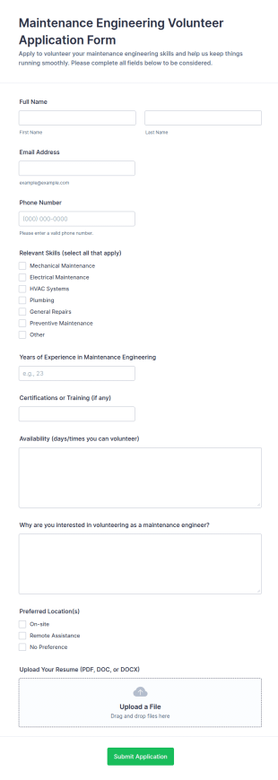 Maintenance Engineering Volunteer Application Form Template