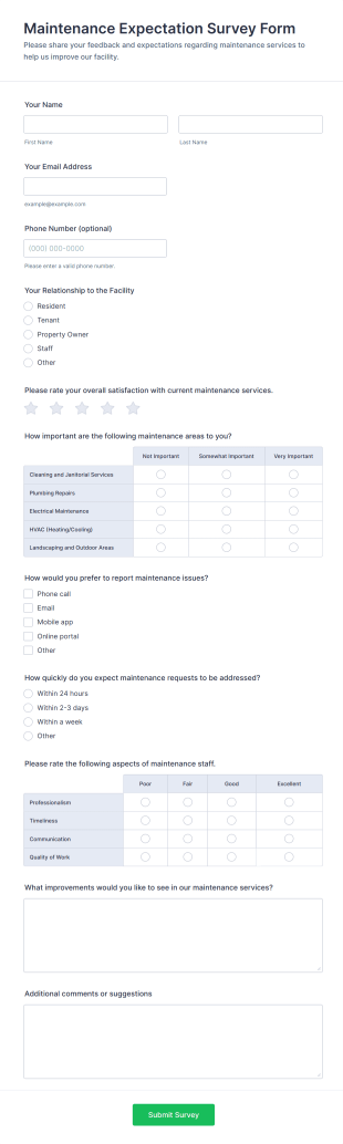 Maintenance Expectation Survey Form Template