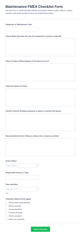 Maintenance FMEA Checklist Form Template