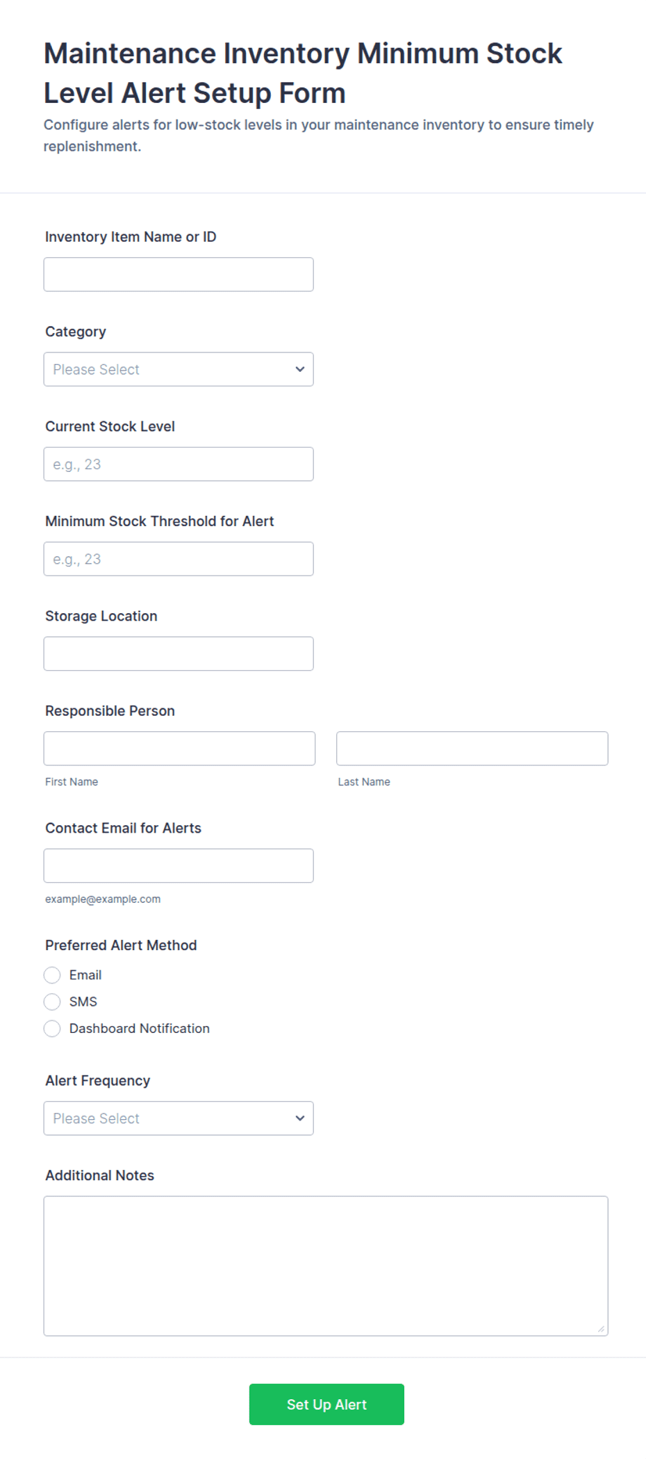 Maintenance Inventory Minimum Stock Level Alert Setup Form Template ...