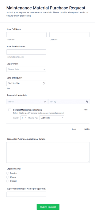 Maintenance Material Purchase Request Form Template