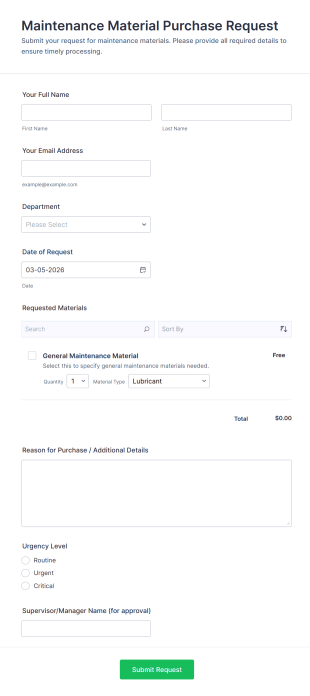 Maintenance Material Purchase Request Form Template