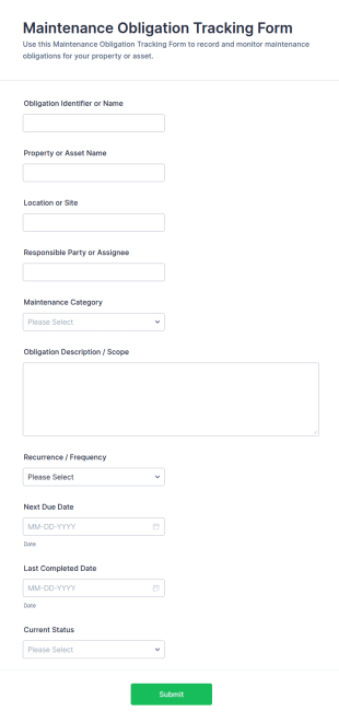Maintenance Obligation Tracking Form Template