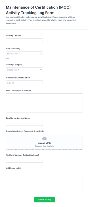 Maintenance Of Certification (MOC) Activity Tracking Log Form Template